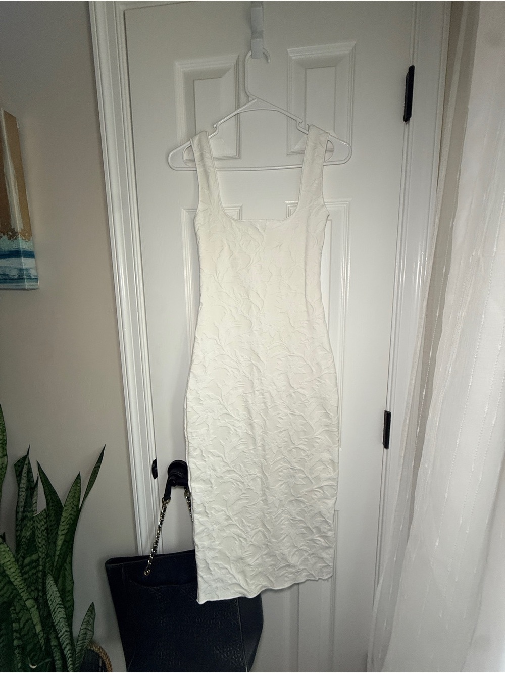 ZARA Ivory Floral Jacquard Square Neck Midi Dress